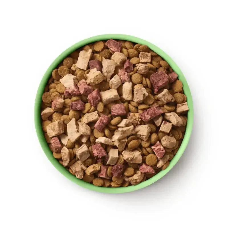 Animals Like Us Freeze Dried Raw Mix 50 Lamb with Chicken Dry Cat Food 1.36 kg in a green bowl.