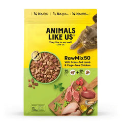 Animals Like Us Freeze Dried Raw Mix 50 Lamb with Chicken Dry Cat Food 1.36 kg packaging with cat and raw ingredients.