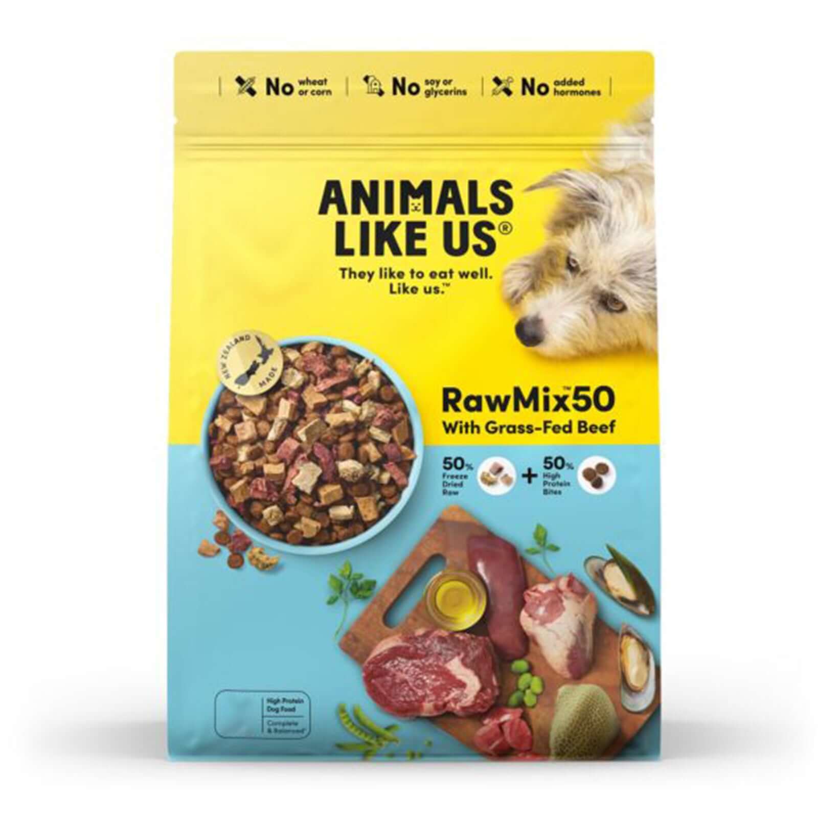 Animals Like Us RawMix50 with Grass-Fed Beef All Life Stages dog food packaging with kibble and meat.