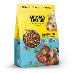 Animals Like Us RawMix50 with Grass-Fed Beef All Life Stages dog food bag with kibble and meat ingredients