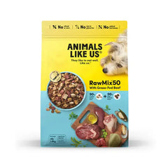 Animals Like Us RawMix50 with Grass-Fed Beef All Life Stages dog food package with freeze-dried raw ingredients.