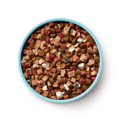 Animals Like Us RawMix50 with Grass-Fed Beef All Life Stages kibble and freeze-dried raw mix in a blue bowl.