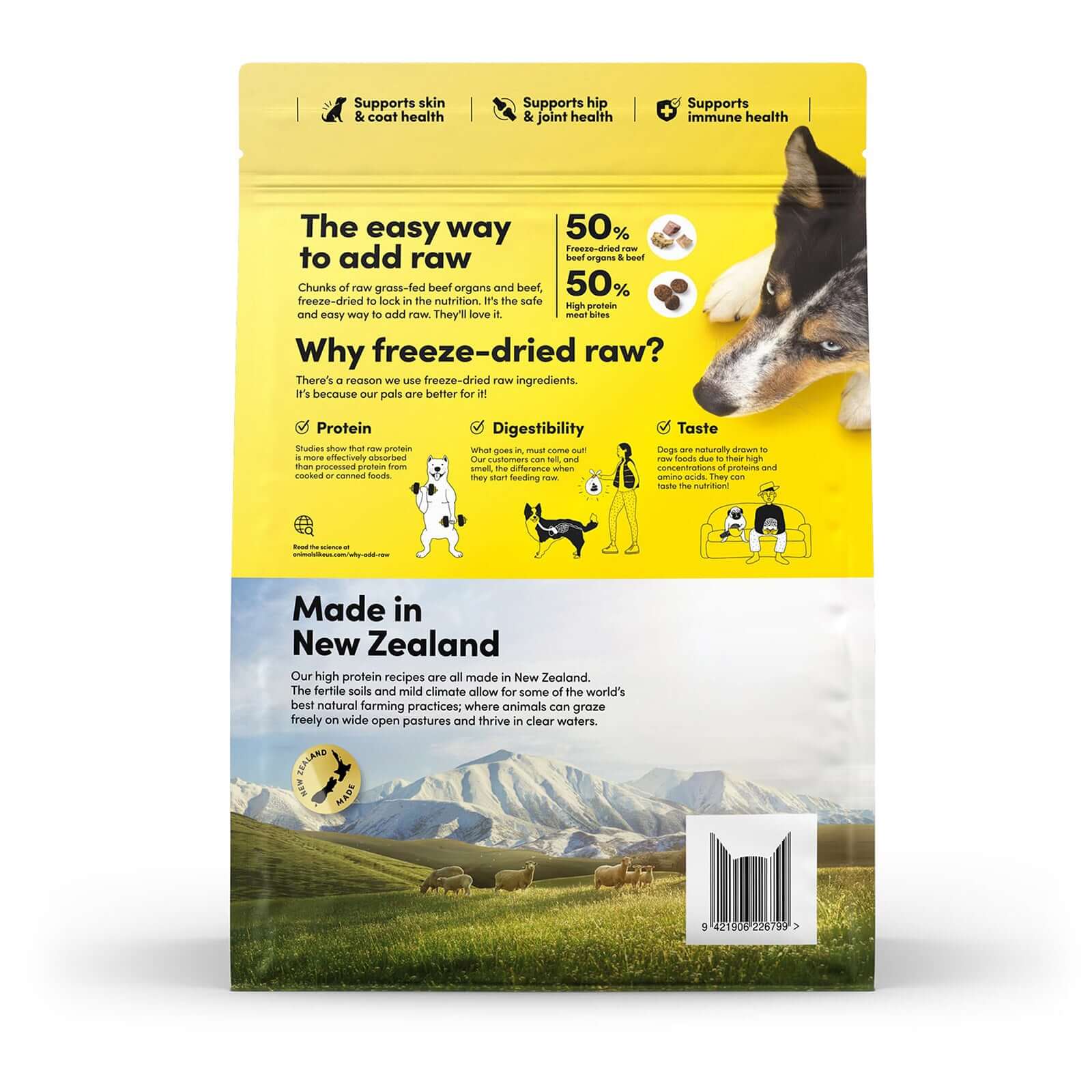 Animals Like Us RawMix50 with Grass-Fed Beef All Life Stages packaging showing nutrition and benefits.