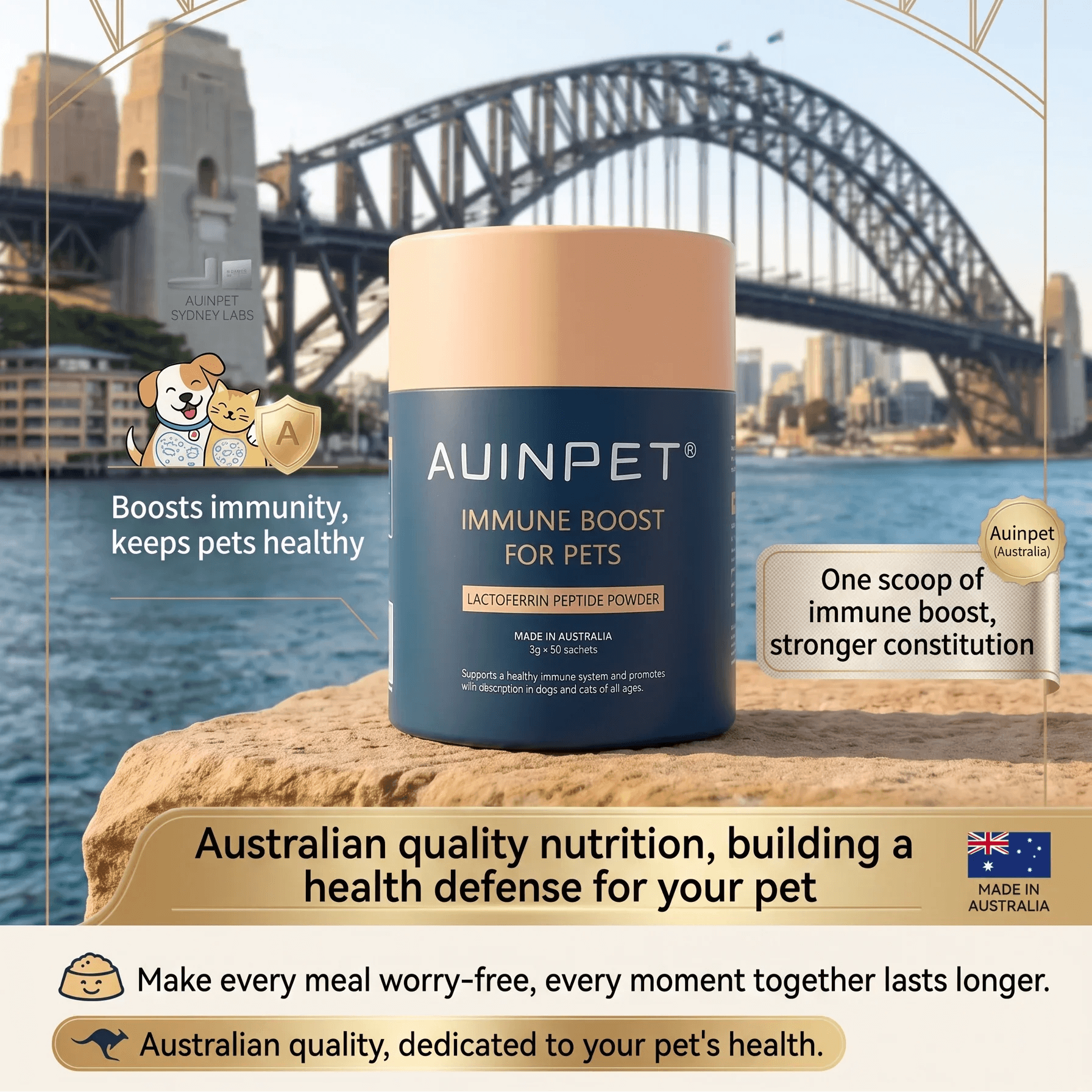 AUINPET Immune Boost Powder for Dogs & Cats 60g with the Sydney Harbour Bridge in the background.