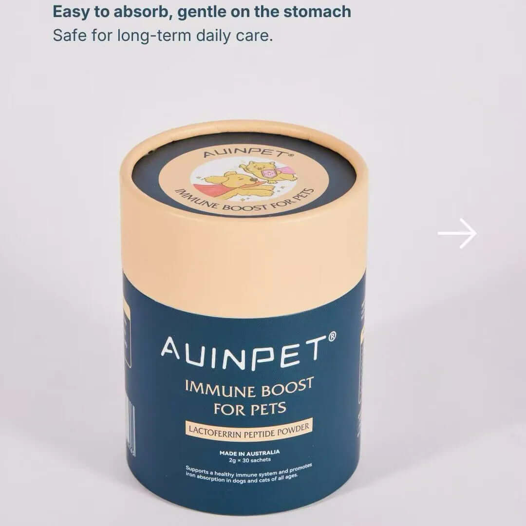 AUINPET Immune Boost Powder for Dogs & Cats 60g packaging, featuring Lactoferrin Peptide Powder for pets' health.