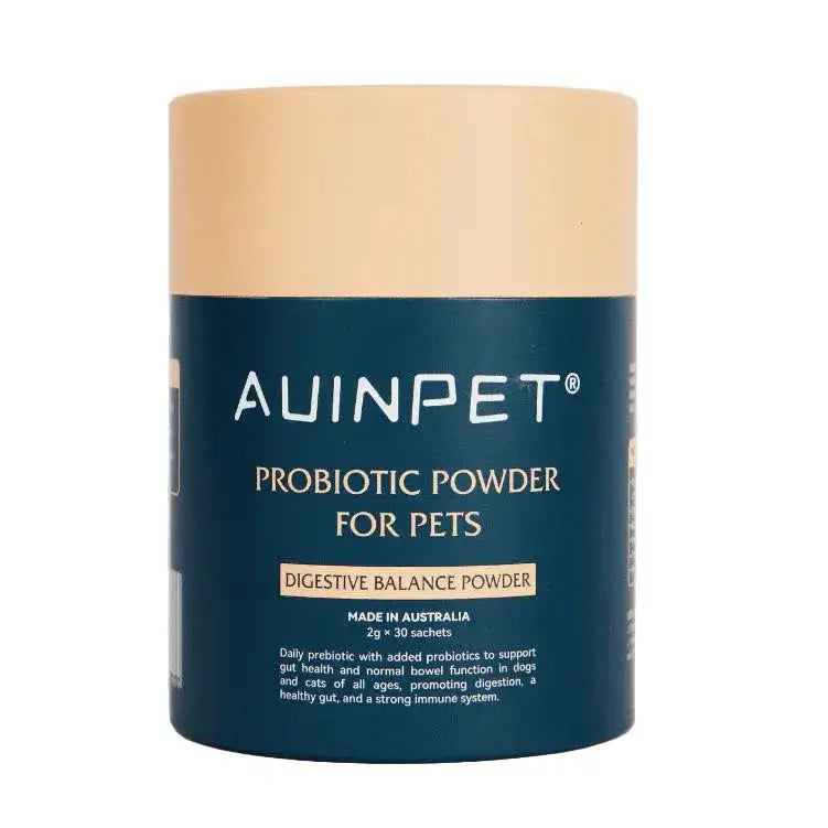 AUINPET Probiotic Powder for Dogs & Cats 60g container featuring digestive balance formula for pets.