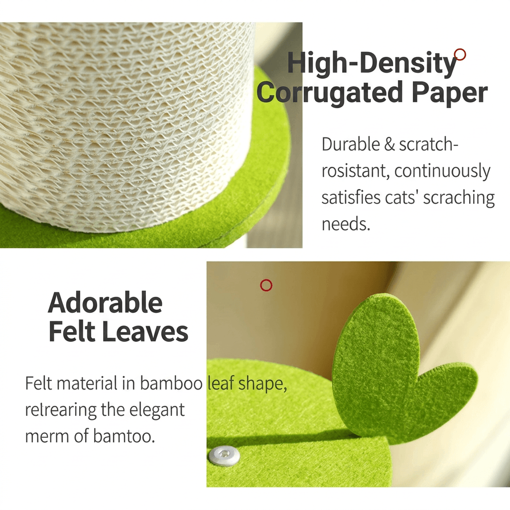 Bamboo Corrugated Cardboard Cat Scratching Post with high-density corrugated paper and adorable felt leaves design.