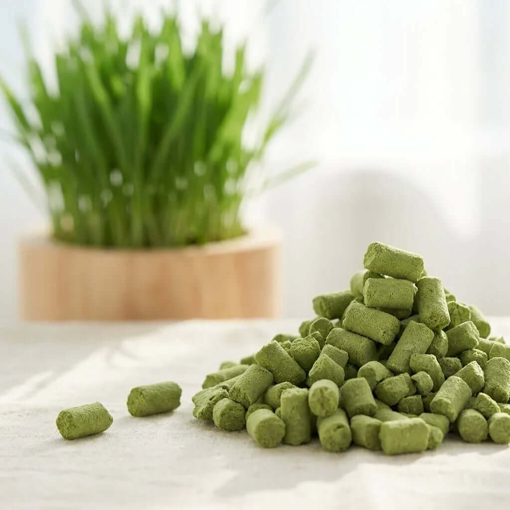 PawDry Freeze-Dried Cat Grass Bites 100g next to green cat grass in a pot, showcasing natural pet treats.
