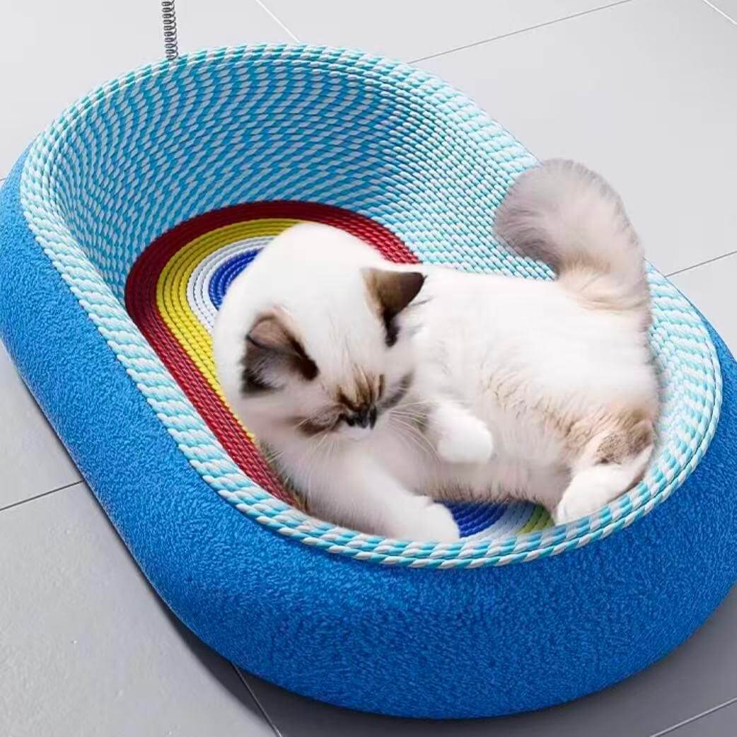 Fluffy white cat resting in blue woven pet bed with rainbow interior, cozy cat furniture