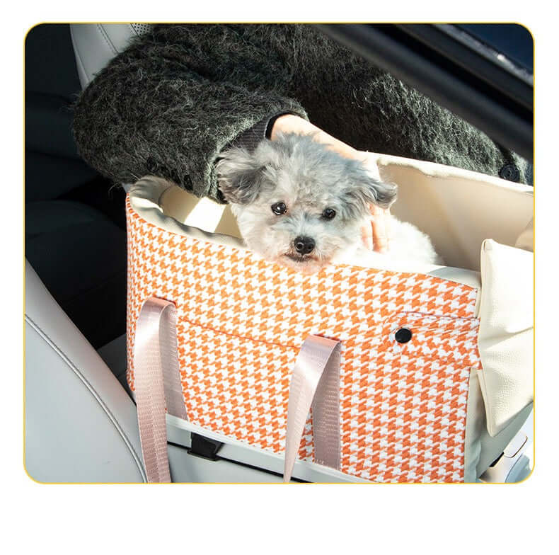 Centre Console Dog Car Seat with Safety Leash & Bow Pillow for comfortable pet travel.
