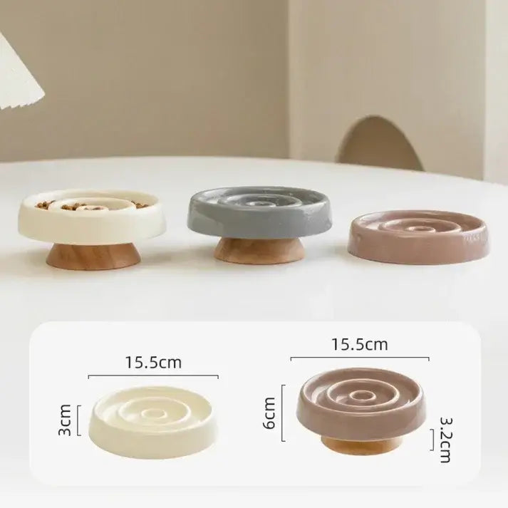 Ceramic slow feeder bowls for dogs & cats, 15.5cm diameter, 3–6cm height, with wooden base, in beige, grey, brown