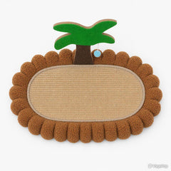 Cute palm tree cat scratcher with plush brown border and hanging blue ball toy for indoor cats