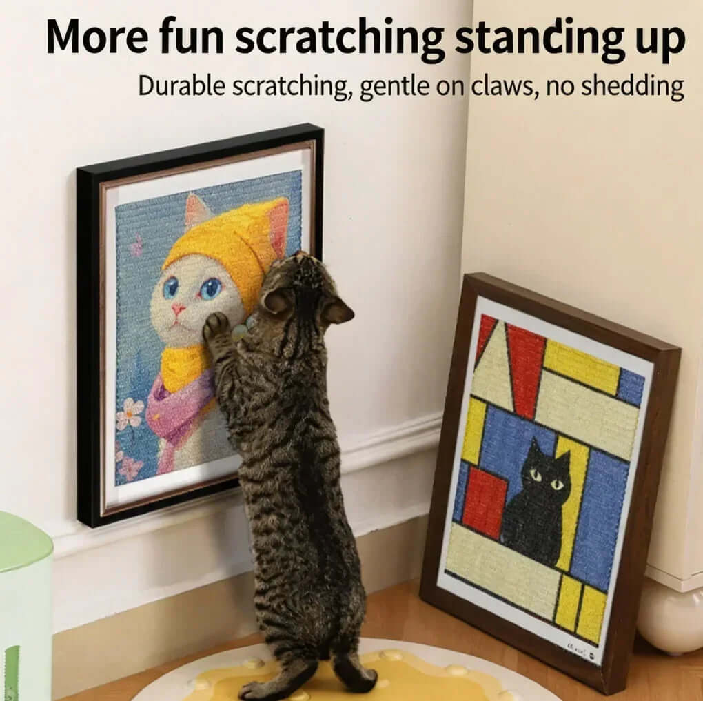 Cat scratching upright framed art canvas, durable and claw-friendly pet scratcher for indoor cats