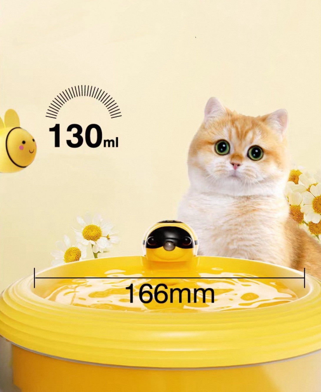 A yellow duck-shaped pet waterer shown with a cat behind it and overlaid size/measurement graphics reading 130ml and 166mm. The scene includes decorative flowers and a pale cream background.