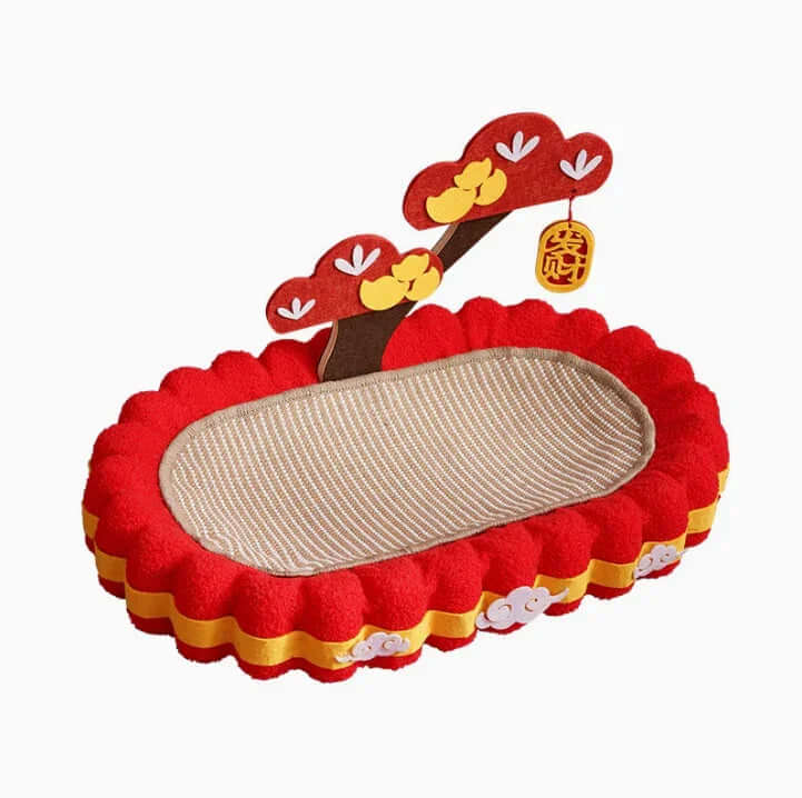 Cozy Cat Bed & Scratching Sofa with Sisal Surface - Festive Decor Edition - cat scratchers in red and gold design.