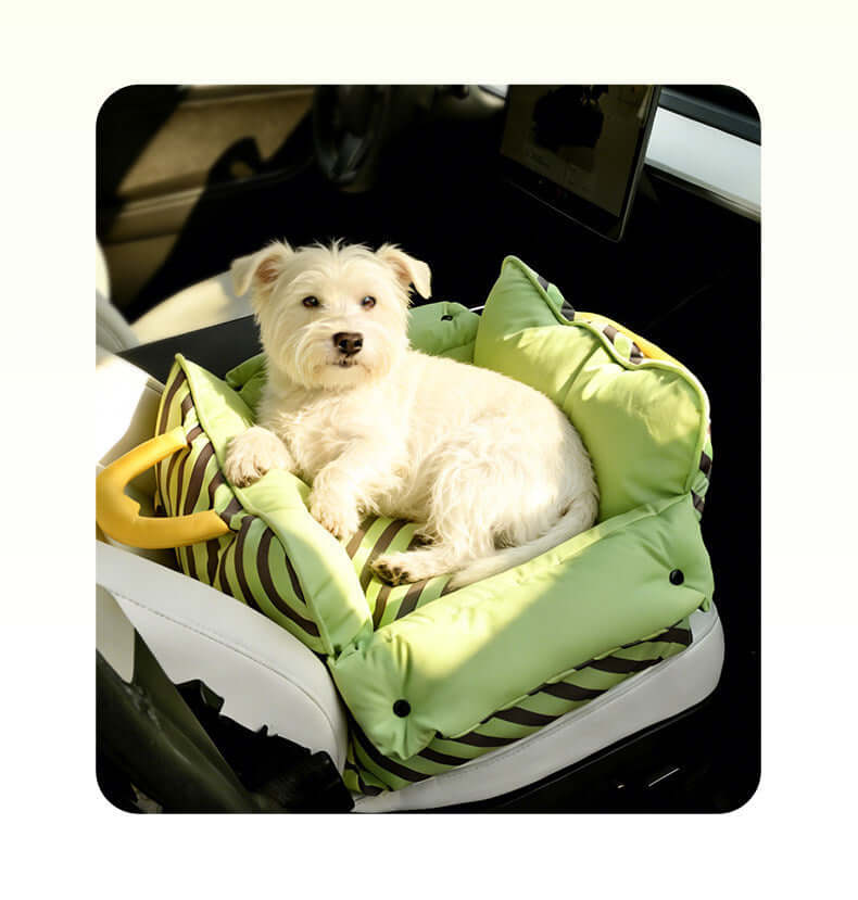 Dopamine-Styled Dog Travel Car Seat - Vibrant Macaron Safety Sofa for Dogs & Cats with a small white dog.