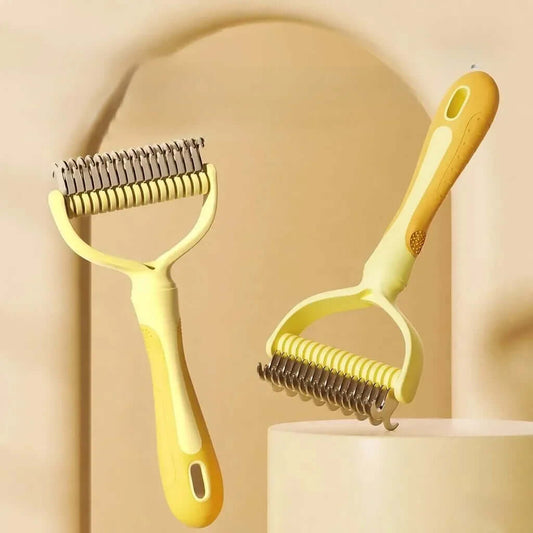 Yellow pet grooming brush with metal bristles for cats and dogs, ergonomic handle design