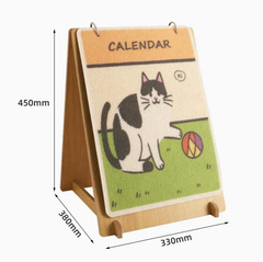 Cute cat calendar on wooden stand, playful design for pet lovers, 450mm tall
