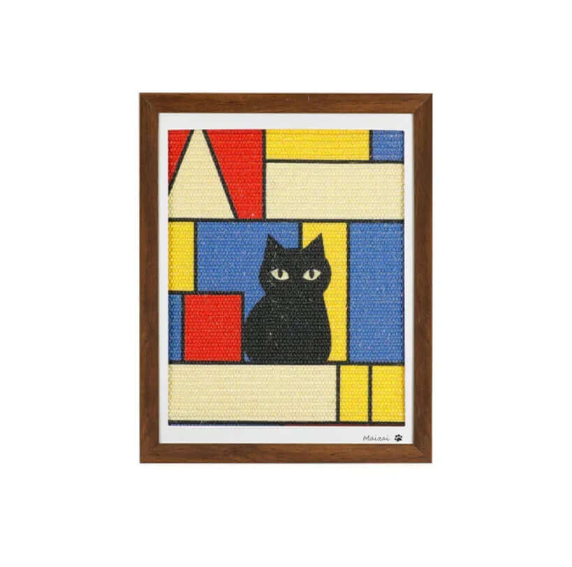 Framed black cat wall art with colorful geometric pattern, stylish pet decor for cat lovers