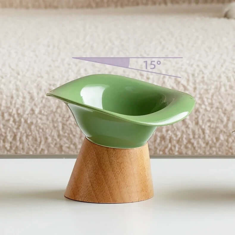 Green ceramic pet bowl on wooden stand, 15° angled for cat or dog comfort