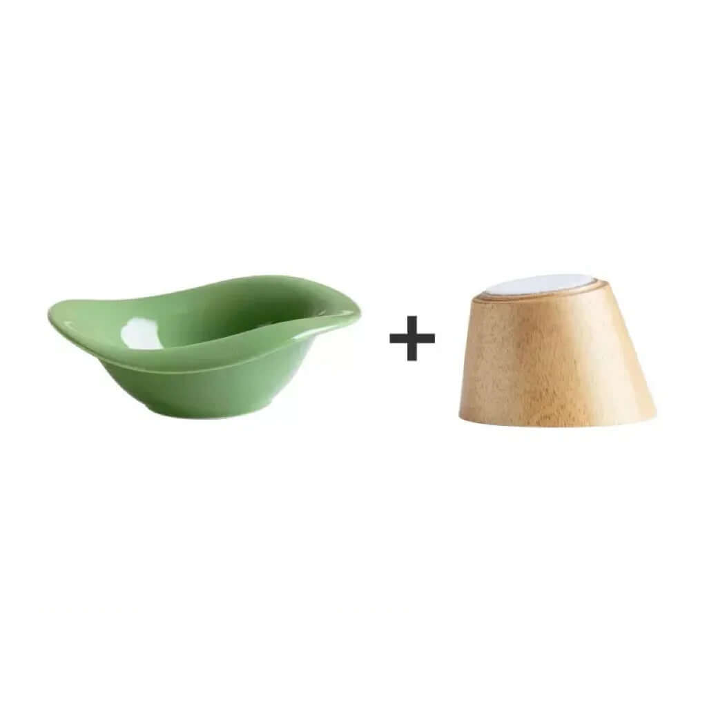 Green ceramic pet bowl with wooden stand for cats and dogs