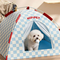Foldable Indoor Cat & Dog Tent with Cooling Mat 58×58cm featuring a dog inside and a charming blue-and-white checkerboard design.