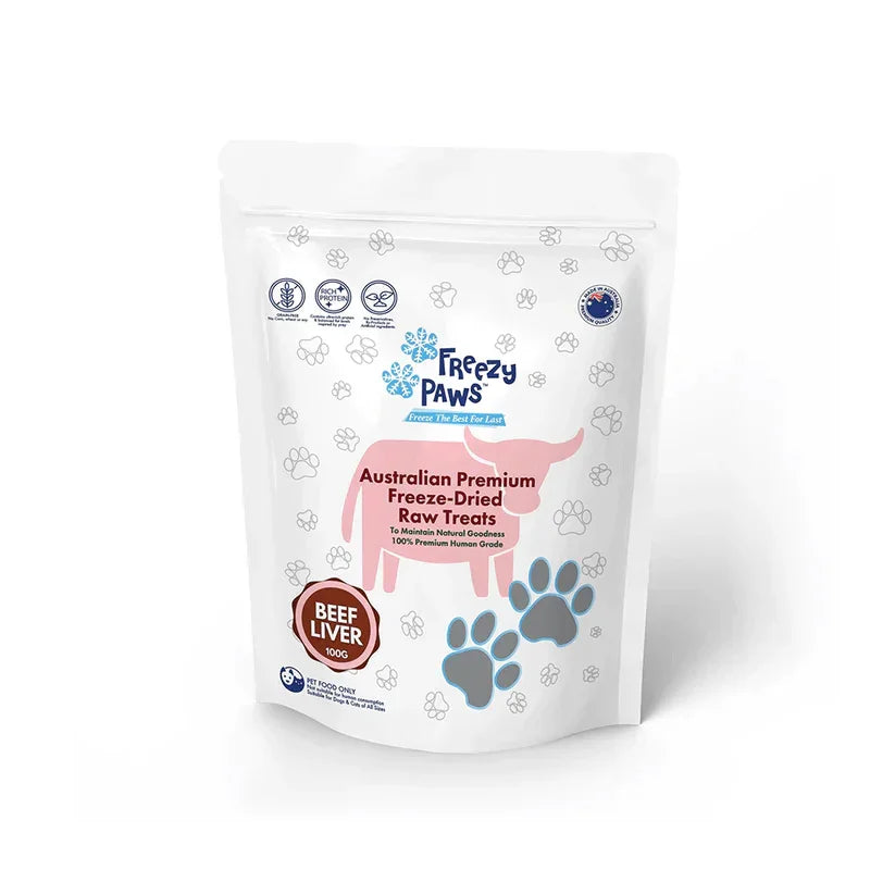 Freezy Paws Beef Liver Freeze Dried Pet Treats 100g packaging featuring Australian premium freeze-dried raw treats.