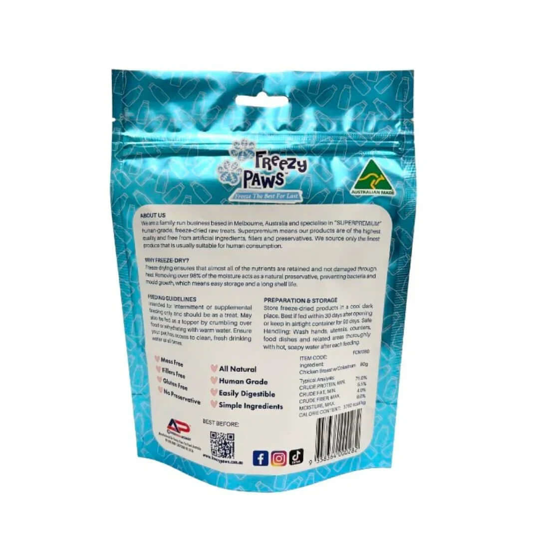 Freezy Paws Freeze Dried Cat Treats Chicken Breast with Colostrum 80g packaging details and ingredients list.