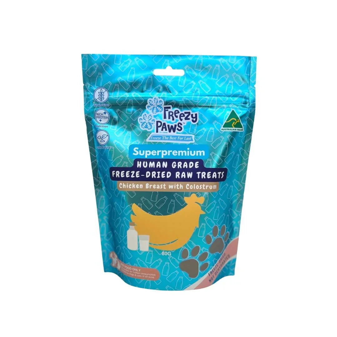 Freezy Paws Freeze Dried Cat Treats Chicken Breast with Colostrum 80g packaging showing premium quality cat treats.