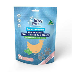 Freezy Paws Freeze Dried Human Grade Chicken Breast Catnip Cat Treats 80g packaging with cat and paw prints.