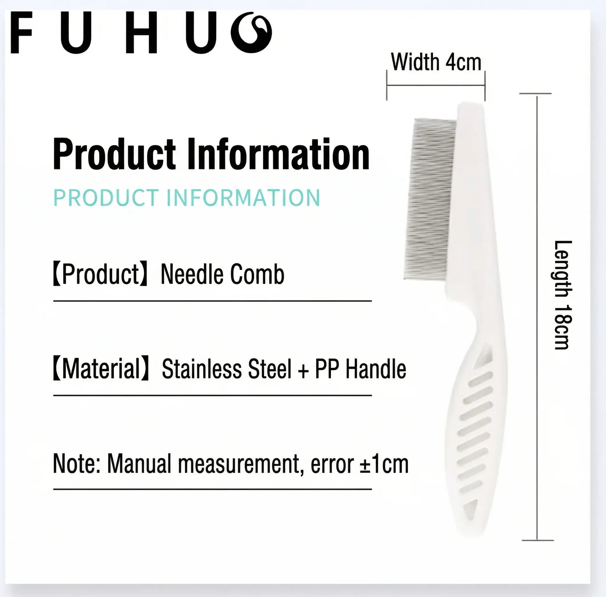 FUHU Professional Pet Grooming Comb product information including dimensions and materials.