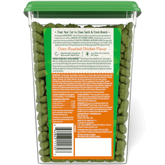 Greenies Dental Oven Roasted Cat Treats Chicken Flavour 277g in a transparent tub, designed for cat dental care and fresh breath.