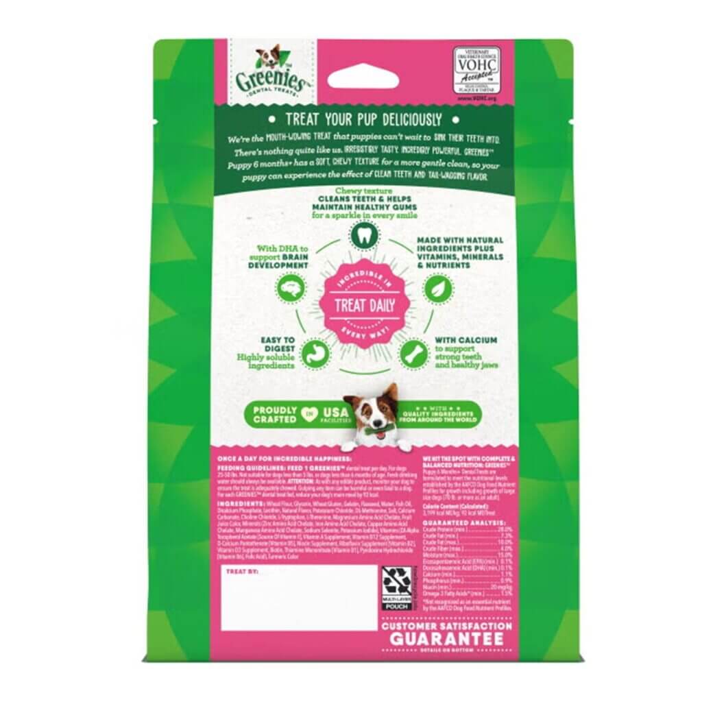 Greenies Puppy Dental Dog Treats - Original Teenie 340g package with dog and nutritional benefits.