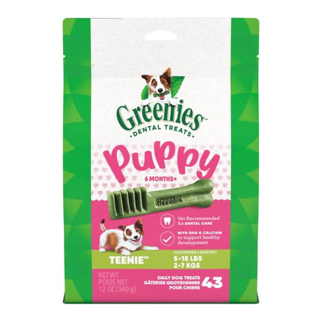 Greenies Puppy Dental Dog Treats - Original Teenie 340g packaging with puppy dental chew sticks.