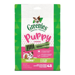 Greenies Puppy Dental Dog Treats - Original Teenie 340g packaging with puppy dental chew sticks.
