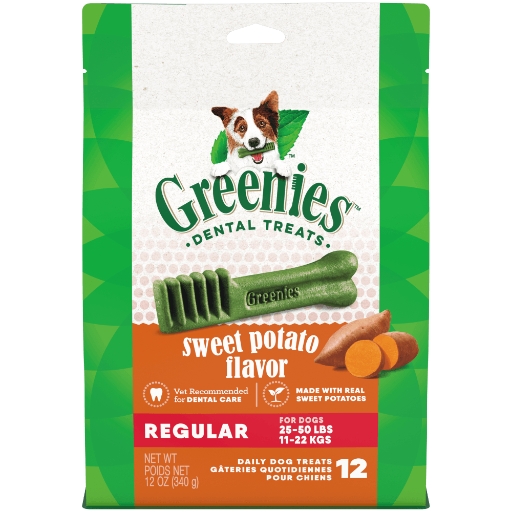 Greenies Sweet Potato Regular Dental Dog Treats 340g packaging showing sweet potato flavor dental chews for dogs.