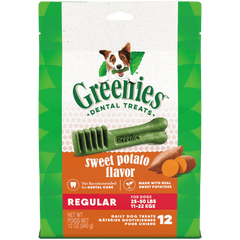 Greenies Sweet Potato Regular Dental Dog Treats 340g packaging showing sweet potato flavor dental chews for dogs.