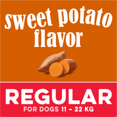 Greenies Sweet Potato Regular Dental Dog Treats 340g packaging featuring sweet potato flavor and regular size for dogs 11-22 kg.