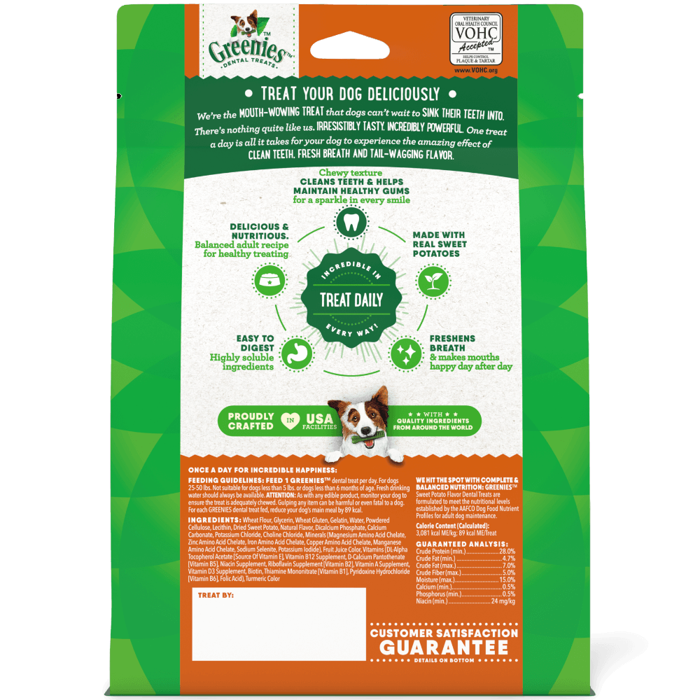Greenies Sweet Potato Regular Dental Dog Treats 340g packaging, featuring benefits for teeth and gums.