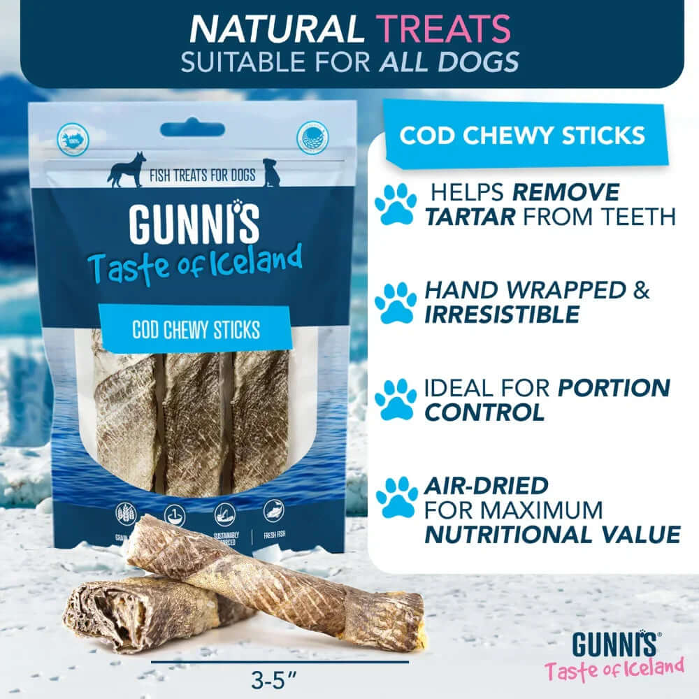 GUNNI'S Cod Chewy Sticks for Dogs (4" 3-Pack) in packaging with natural treats information.