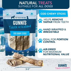 GUNNI'S Cod Chewy Sticks for Dogs (4" 3-Pack) in packaging with natural treats information.