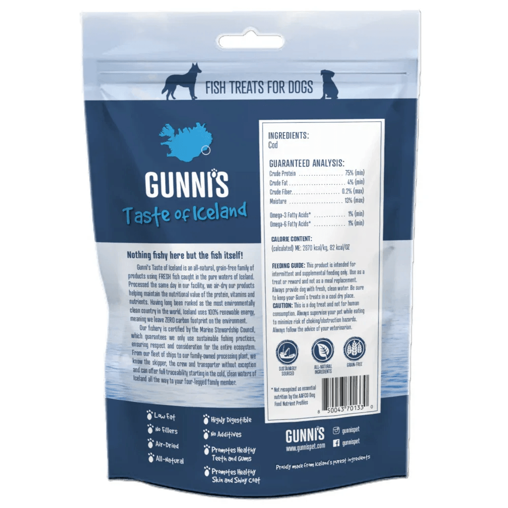 GUNNI'S Cod Chewy Sticks for Dogs (4" 3-Pack) packaging with ingredients and analysis information.