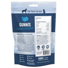 GUNNI'S Cod Chewy Sticks for Dogs (4" 3-Pack) packaging with ingredients and analysis information.