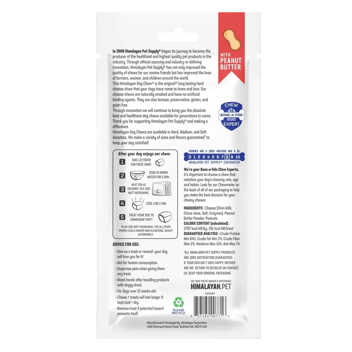 Himalayan Dog Chew Peanut Butter Large packaging with detailed product information and usage instructions.