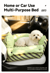 Dopamine-Styled Dog Travel Car Seat - Vibrant Macaron Safety Sofa for Dogs & Cats with a small dog on a multi-purpose bed.
