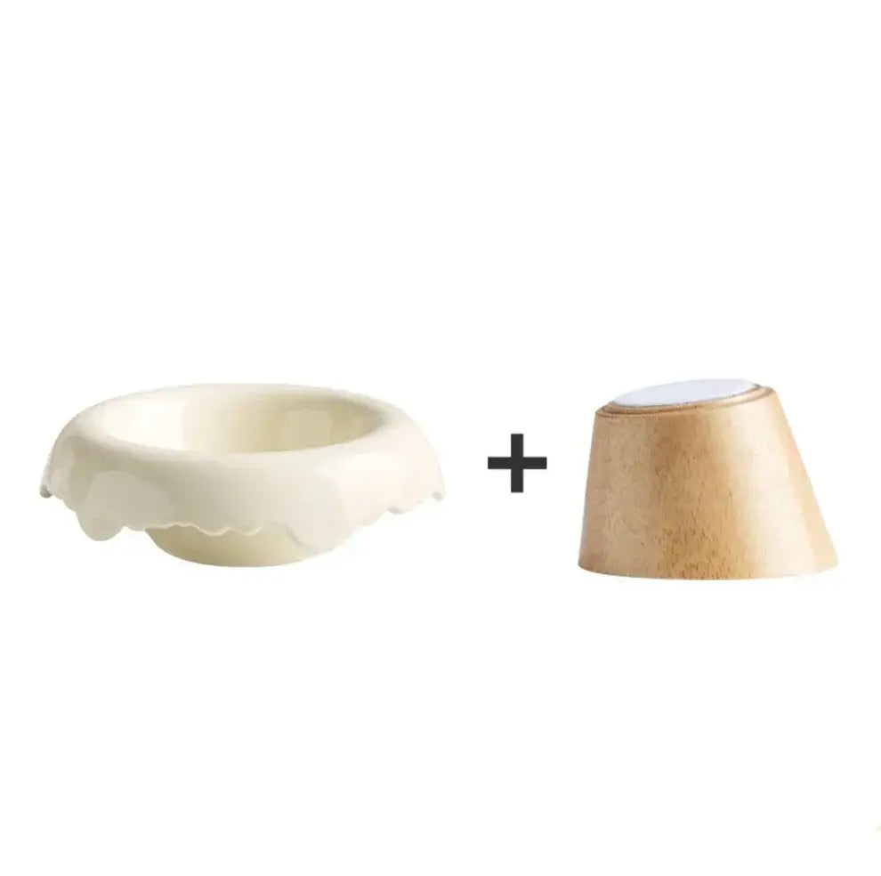 Cream ceramic pet bowl with scalloped edge + wooden stand for cats and dogs