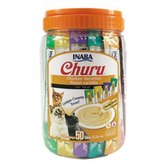 INABA Churu Puree Cat Treats - Chicken Varieties Bulk Pack 50 x 14g in a colorful tub with cat graphics.