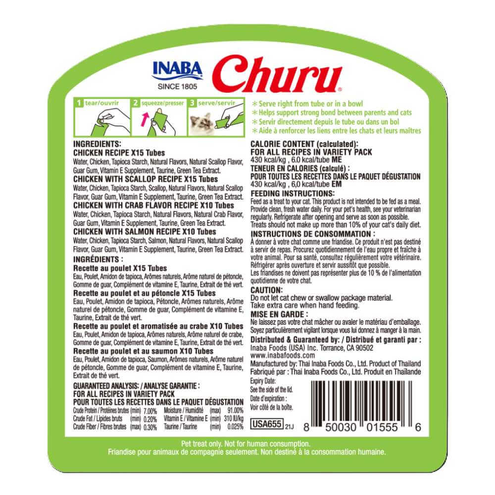 INABA Churu Puree Cat Treats Chicken & Seafood Variety 50 x 14g packaging ingredients and feeding instructions