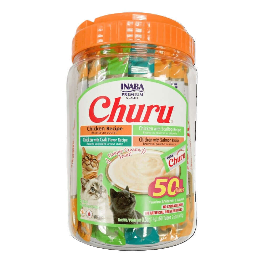 INABA Churu Puree Cat Treats Chicken & Seafood Variety 50 x 14g in a colorful tub with various flavors.