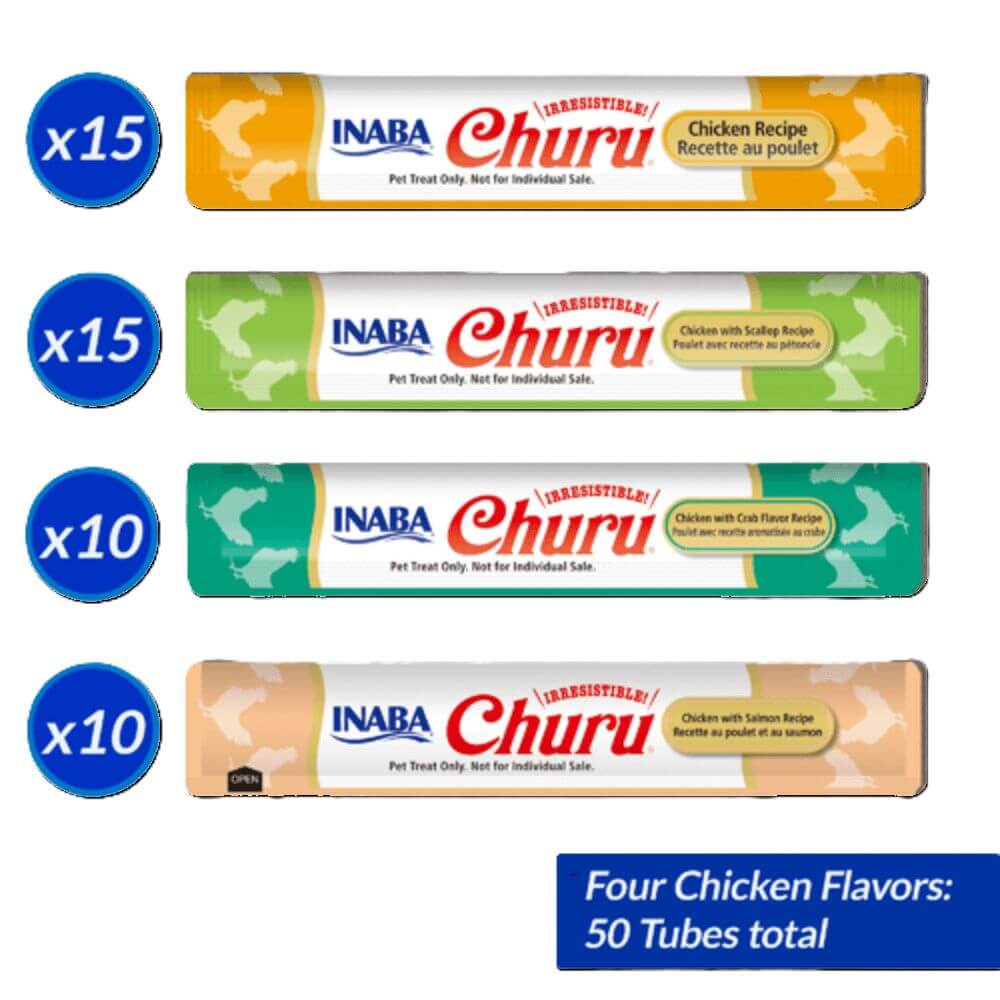 INABA Churu Puree Cat Treats Chicken & Seafood Variety 50 x 14g displayed in four flavours with tube counts